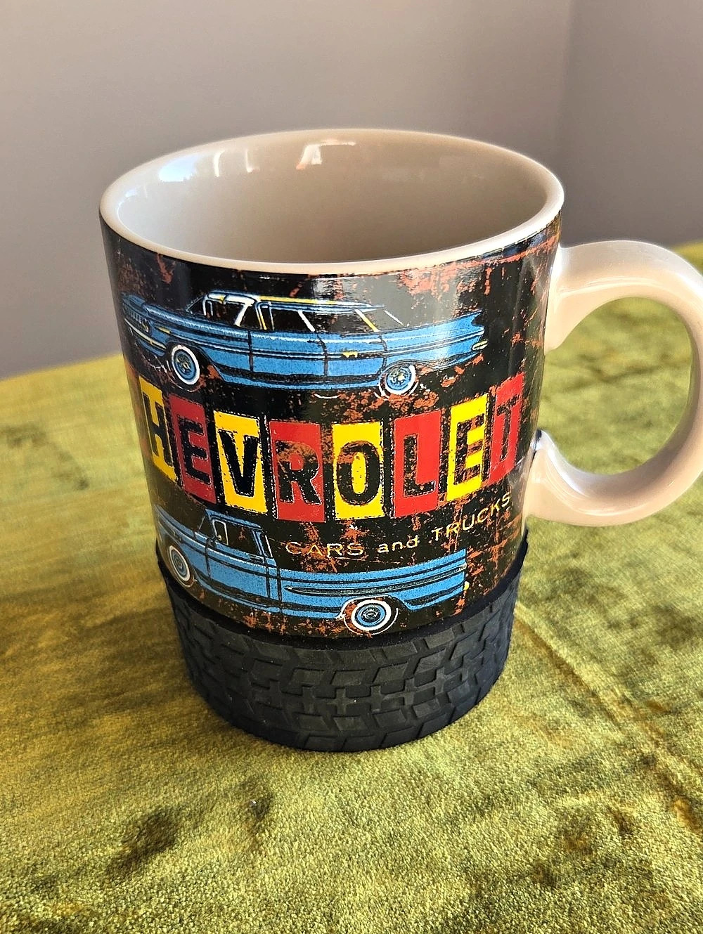 Open Road Brands Chevrolet Cars and Trucks Tire Grip Ceramic Mug Black & Blue
